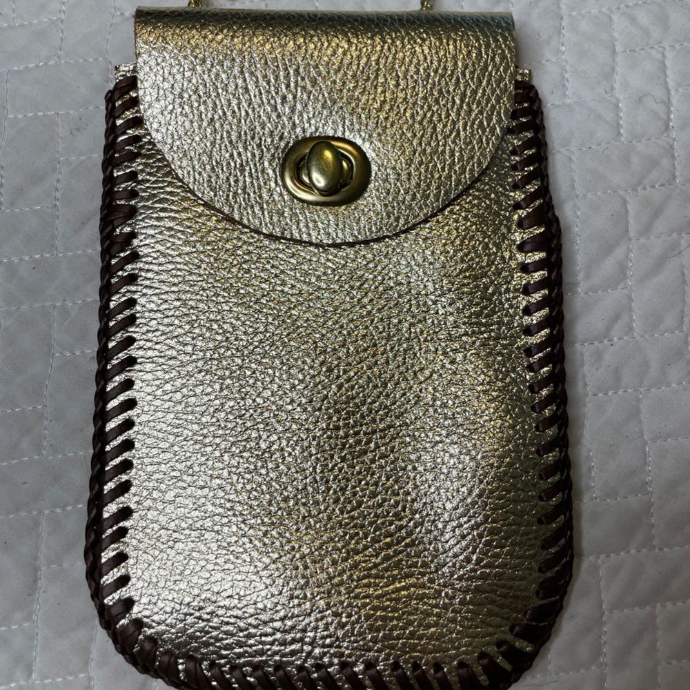 Handmade Custom Gold & Brown Leather Wrap Small Satchel w/ Gold Toned String - Picture 2 of 9